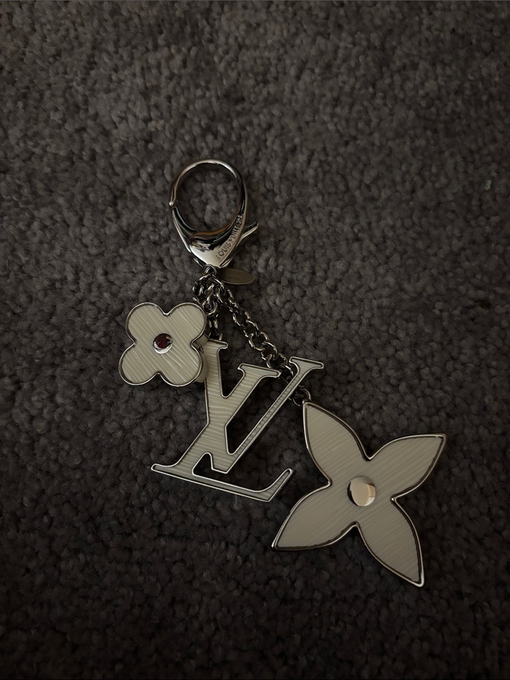 Louis Vuitton Silver and White Monogram Key Charm with Floral Motifs